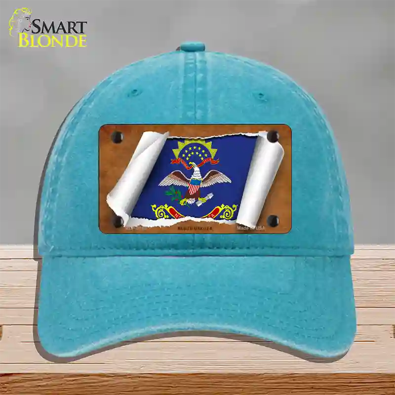 North Dakota Flag Scroll Novelty License Plate Hat Unconstructed Cotton / Lake Blue