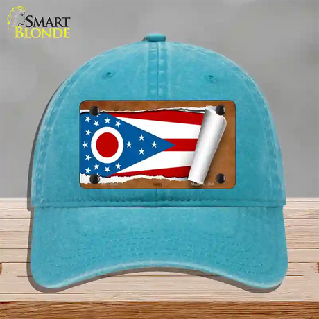 Ohio Flag Scroll Novelty License Plate Hat Unconstructed Cotton / Lake Blue