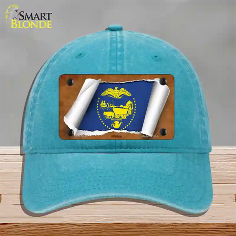 Oregon Flag Scroll Novelty License Plate Hat Unconstructed Cotton / Lake Blue