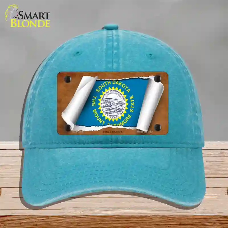 South Dakota Flag Scroll Novelty License Plate Hat Unconstructed Cotton / Lake Blue