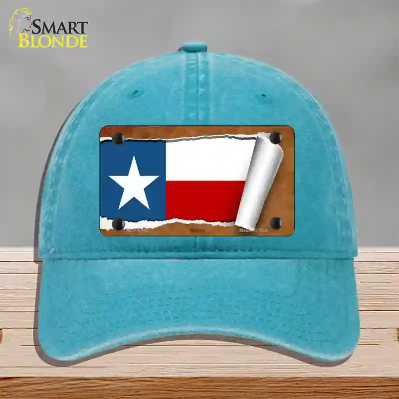 Texas Flag Scroll Novelty License Plate Hat Unconstructed Cotton / Lake Blue