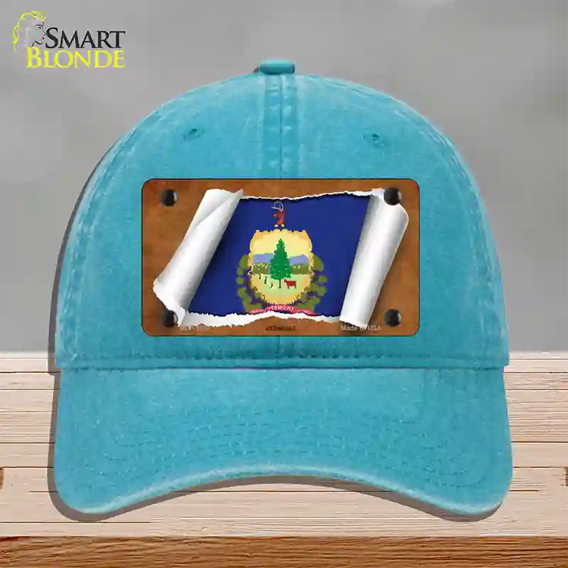 Vermont Flag Scroll Novelty License Plate Hat Unconstructed Cotton / Lake Blue