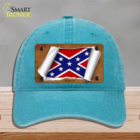 Confederate Flag Scroll Novelty License Plate Hat Unconstructed Cotton / Lake Blue