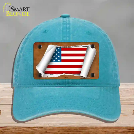 American Flag Scroll Novelty License Plate Hat Unconstructed Cotton / Lake Blue