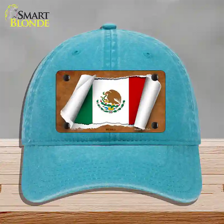 Mexico Flag Scroll Novelty License Plate Hat Unconstructed Cotton / Lake Blue