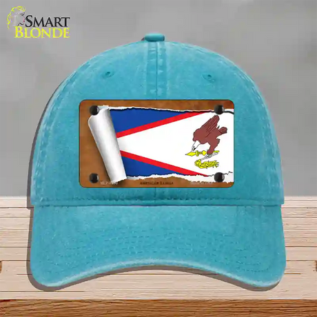 American Samoa Flag Scroll Novelty License Plate Hat Unconstructed Cotton / Lake Blue