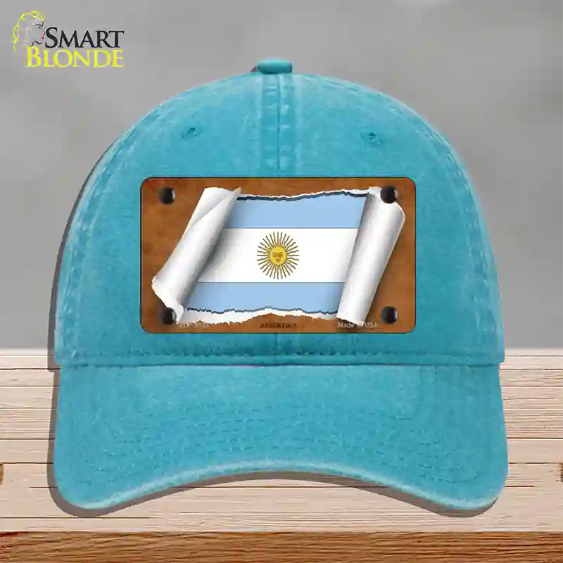 Argentina Flag Scroll Novelty License Plate Hat Unconstructed Cotton / Lake Blue