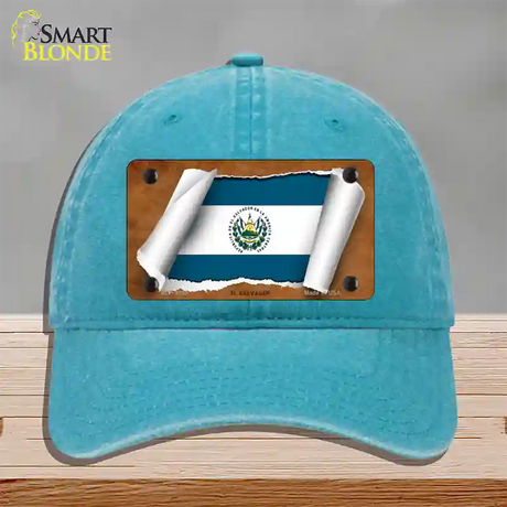 El Salvador Flag Scroll Novelty License Plate Hat Unconstructed Cotton / Lake Blue