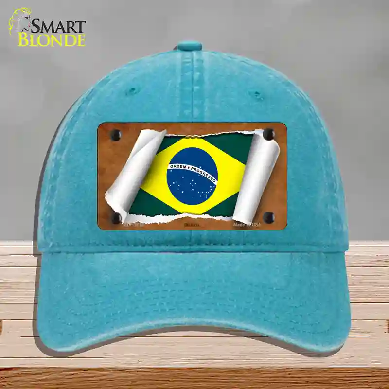 Brazil Flag Scroll Novelty License Plate Hat Unconstructed Cotton / Lake Blue