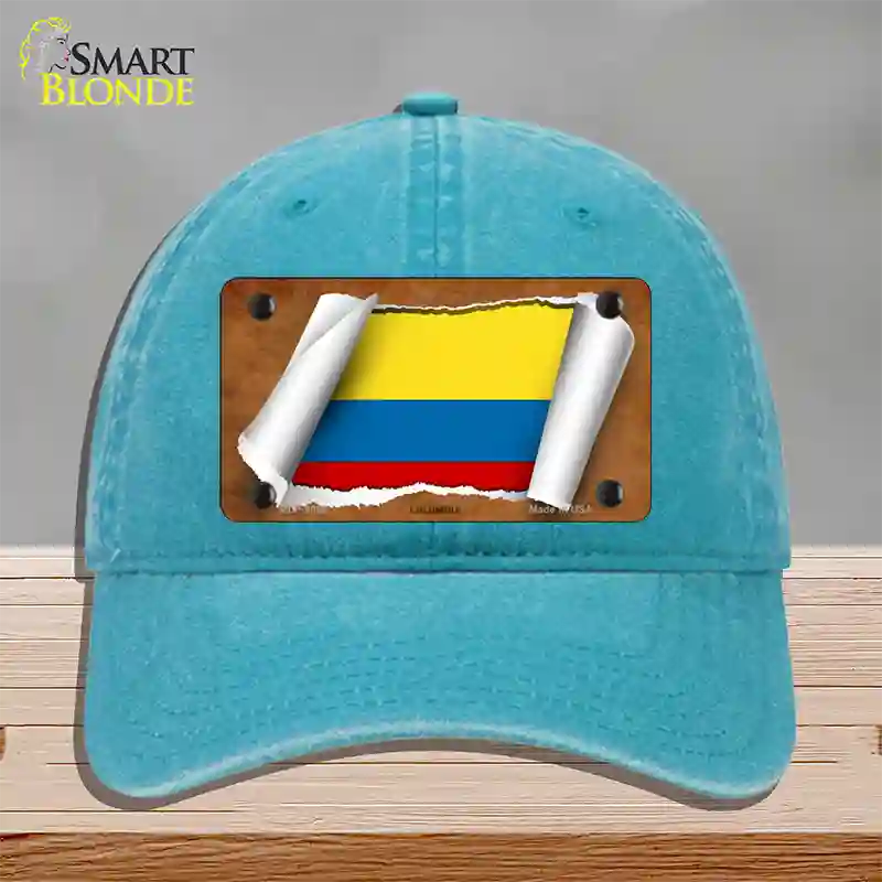 Colombia Flag Scroll Novelty License Plate Hat Unconstructed Cotton / Lake Blue