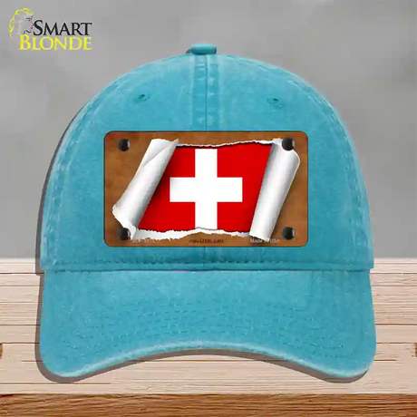 Switzerland Flag Scroll Novelty License Plate Hat Unconstructed Cotton / Lake Blue