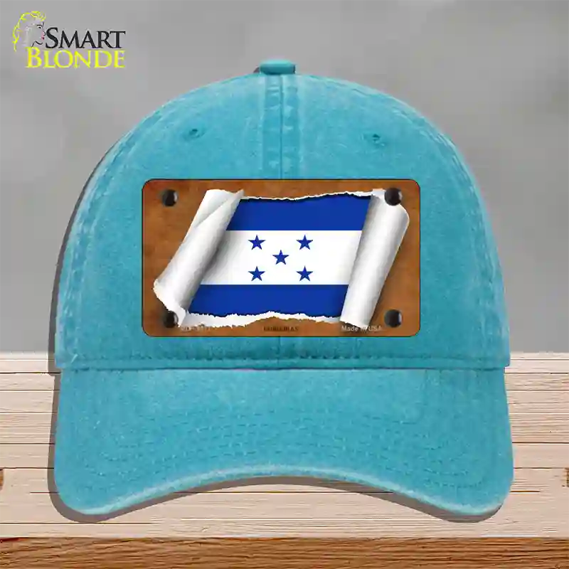 Honduras Flag Scroll Novelty License Plate Hat Unconstructed Cotton / Lake Blue