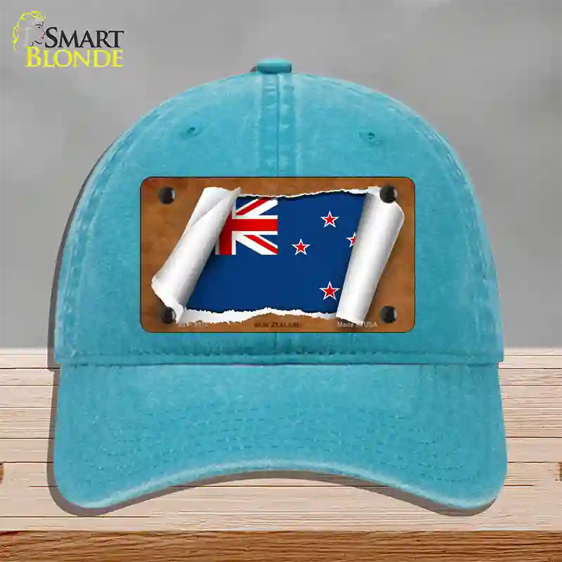 New Zealand Flag Scroll Novelty License Plate Hat Unconstructed Cotton / Lake Blue