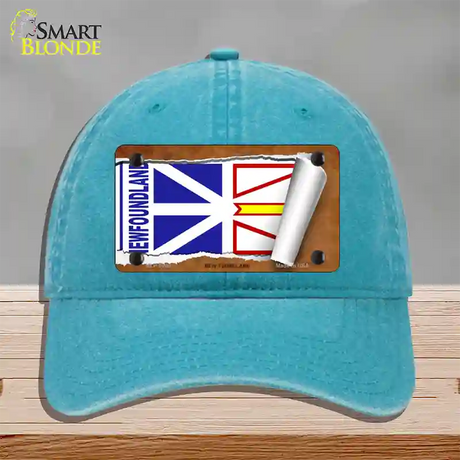 Newfoundland Flag Scroll Novelty License Plate Hat Unconstructed Cotton / Lake Blue