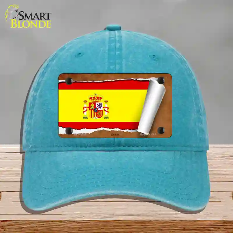 Spain Flag Scroll Novelty License Plate Hat Unconstructed Cotton / Lake Blue