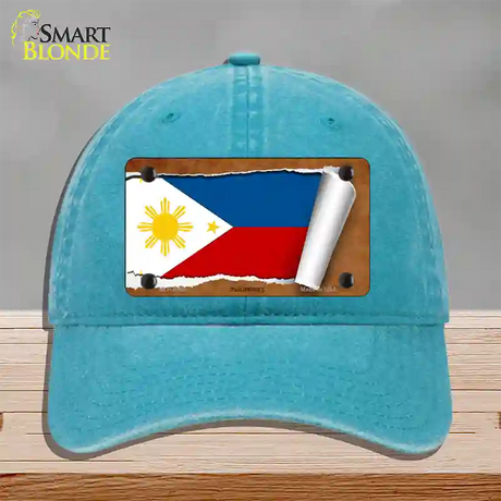 Philippines Flag Scroll Novelty License Plate Hat Unconstructed Cotton / Lake Blue