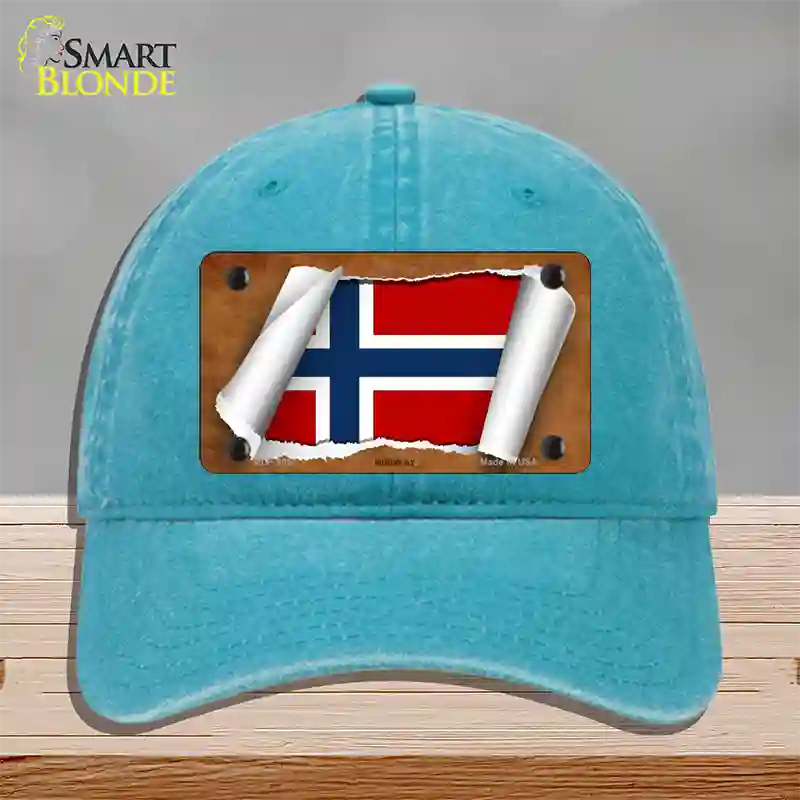 Norway Flag Scroll Novelty License Plate Hat Unconstructed Cotton / Lake Blue