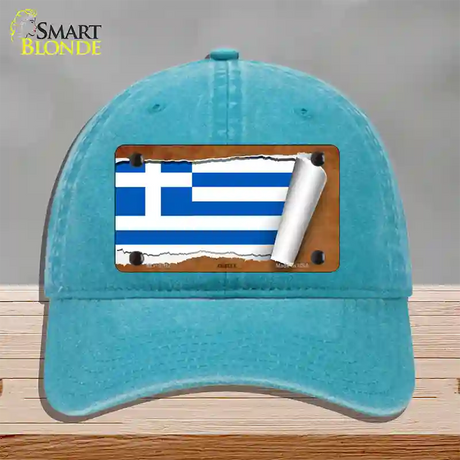 Greece Flag Scroll Novelty License Plate Hat Unconstructed Cotton / Lake Blue