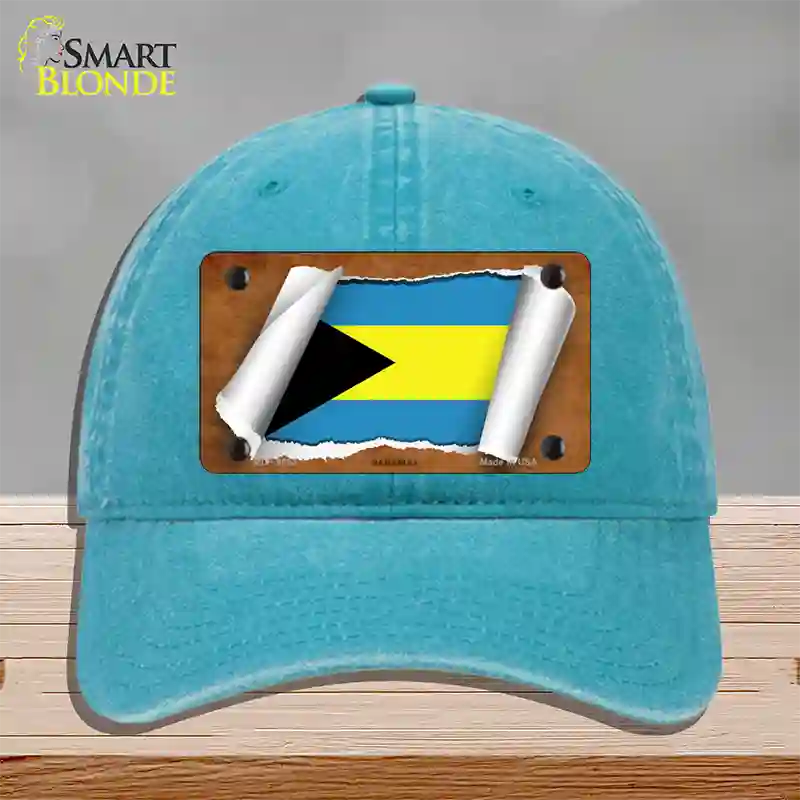 Bahamas Flag Scroll Novelty License Plate Hat Unconstructed Cotton / Lake Blue