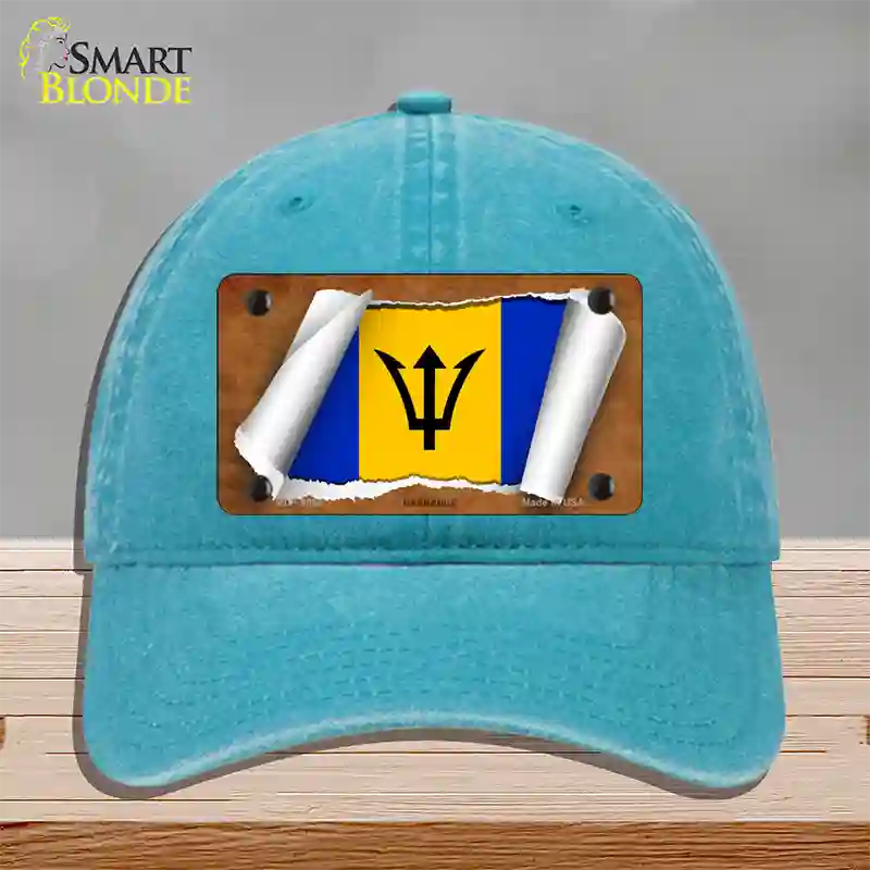 Barbados Flag Scroll Novelty License Plate Hat Unconstructed Cotton / Lake Blue