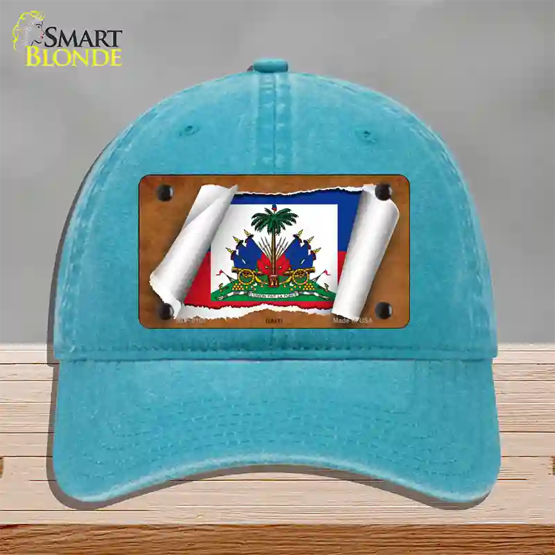 Haiti Flag Scroll Novelty License Plate Hat Unconstructed Cotton / Lake Blue