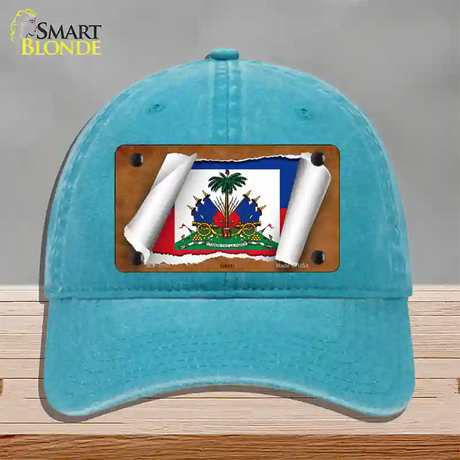 Haiti Flag Scroll Novelty License Plate Hat Unconstructed Cotton / Lake Blue