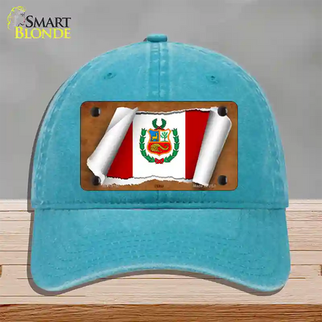 Peru Flag Scroll Novelty License Plate Hat Unconstructed Cotton / Lake Blue