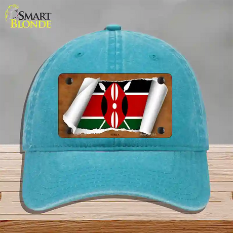 Kenya Flag Scroll Novelty License Plate Hat Unconstructed Cotton / Lake Blue