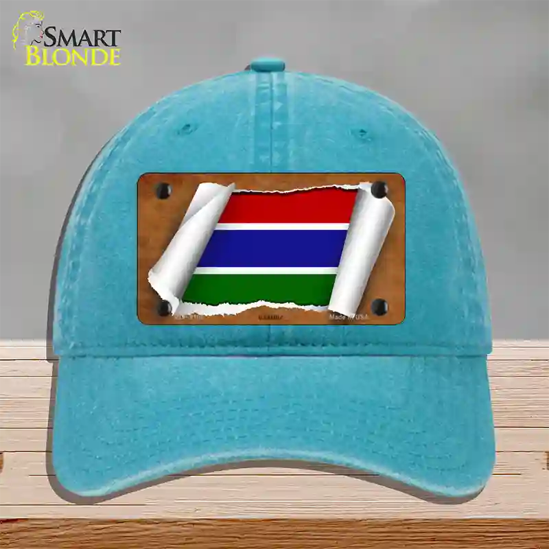 Gambia Flag Scroll Novelty License Plate Hat Unconstructed Cotton / Lake Blue