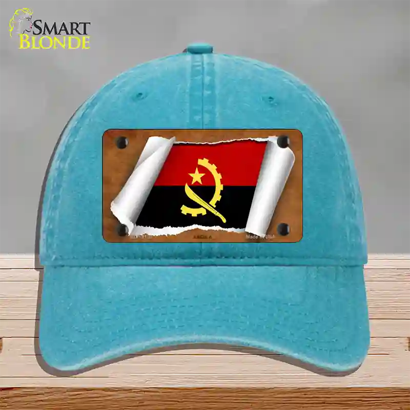 Angola Flag Scroll Novelty License Plate Hat Unconstructed Cotton / Lake Blue