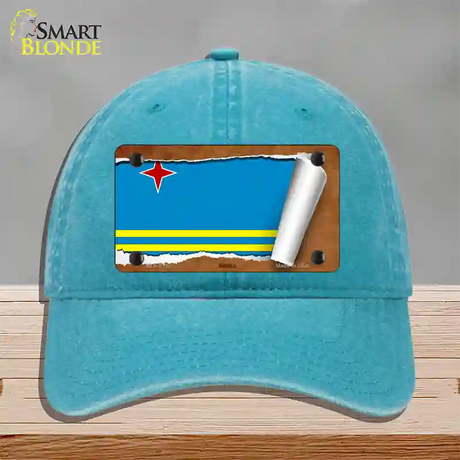 Aruba Flag Scroll Novelty License Plate Hat Unconstructed Cotton / Lake Blue