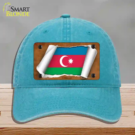 Azerbaijan Flag Scroll Novelty License Plate Hat Unconstructed Cotton / Lake Blue