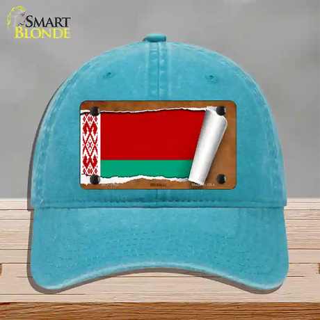 Belarus Flag Scroll Novelty License Plate Hat Unconstructed Cotton / Lake Blue