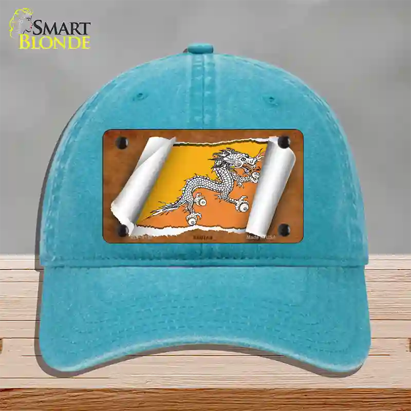 Bhutan Flag Scroll Novelty License Plate Hat Unconstructed Cotton / Lake Blue