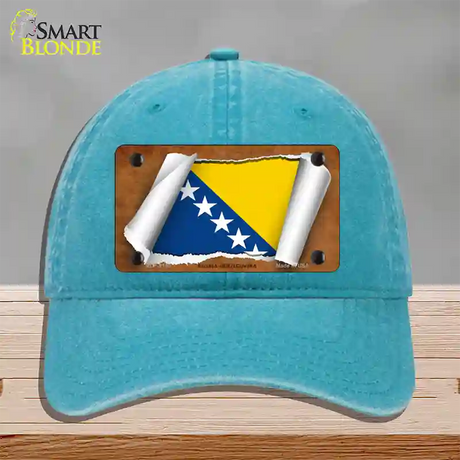 Bosnia-Herzegovina Flag Scroll Novelty License Plate Hat Unconstructed Cotton / Lake Blue