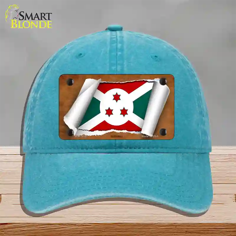 Burundi Flag Scroll Novelty License Plate Hat Unconstructed Cotton / Lake Blue