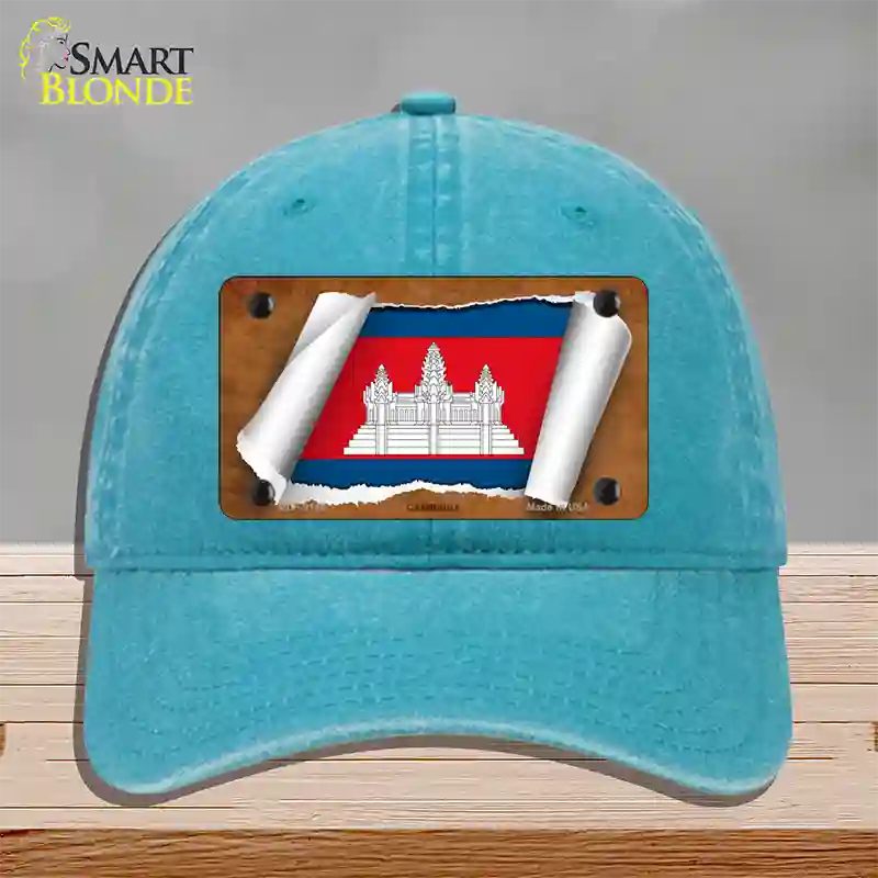 Cambodia Flag Scroll Novelty License Plate Hat Unconstructed Cotton / Lake Blue