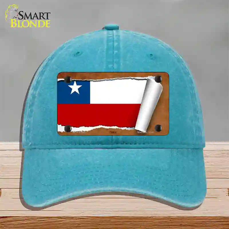 Chile Flag Scroll Novelty License Plate Hat Unconstructed Cotton / Lake Blue