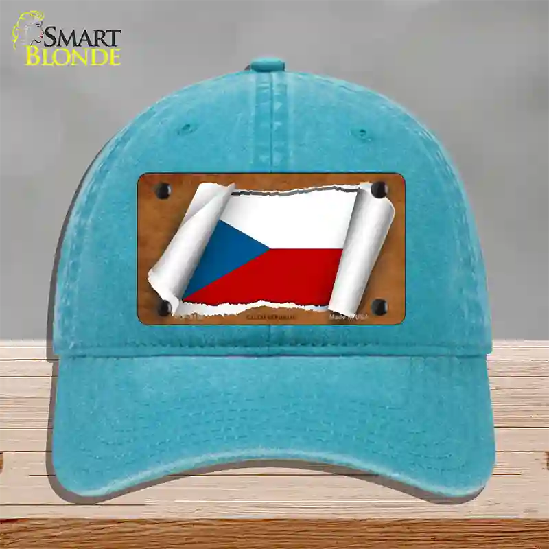 Czech Republic Flag Scroll Novelty License Plate Hat Unconstructed Cotton / Lake Blue