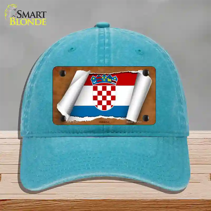 Croatia Flag Scroll Novelty License Plate Hat Unconstructed Cotton / Lake Blue