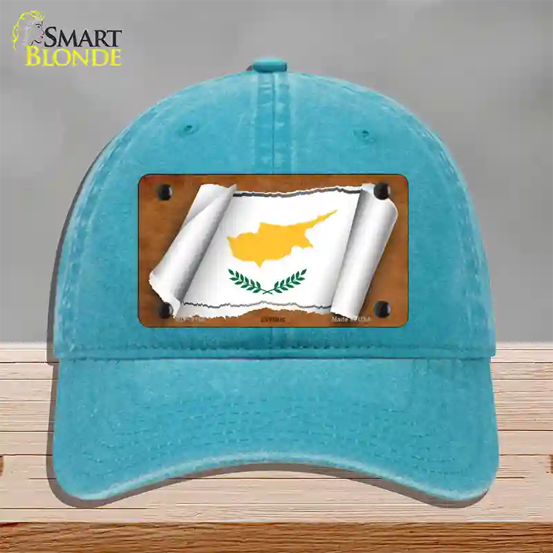 Cyprus Flag Scroll Novelty License Plate Hat Unconstructed Cotton / Lake Blue