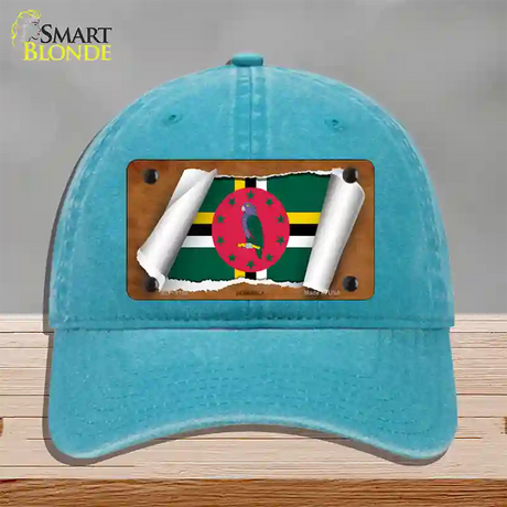 Dominica Flag Scroll Novelty License Plate Hat Unconstructed Cotton / Lake Blue