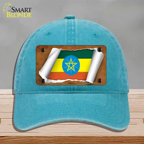 Ethiopia Flag Scroll Novelty License Plate Hat Unconstructed Cotton / Lake Blue