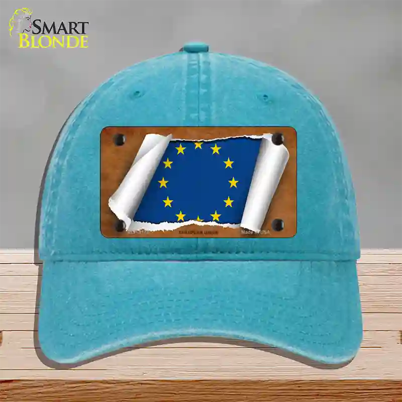 European Union Flag Scroll Novelty License Plate Hat Unconstructed Cotton / Lake Blue