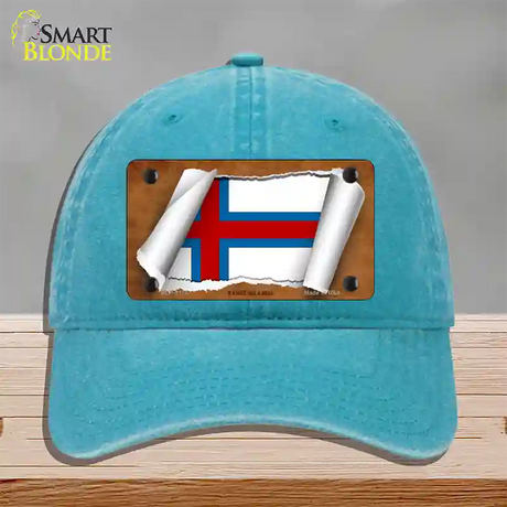 Faroe Islands Flag Scroll Novelty License Plate Hat Unconstructed Cotton / Lake Blue