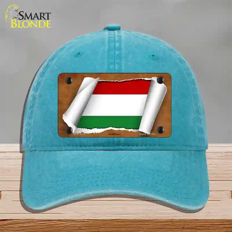 Hungary Flag Scroll Novelty License Plate Hat Unconstructed Cotton / Lake Blue