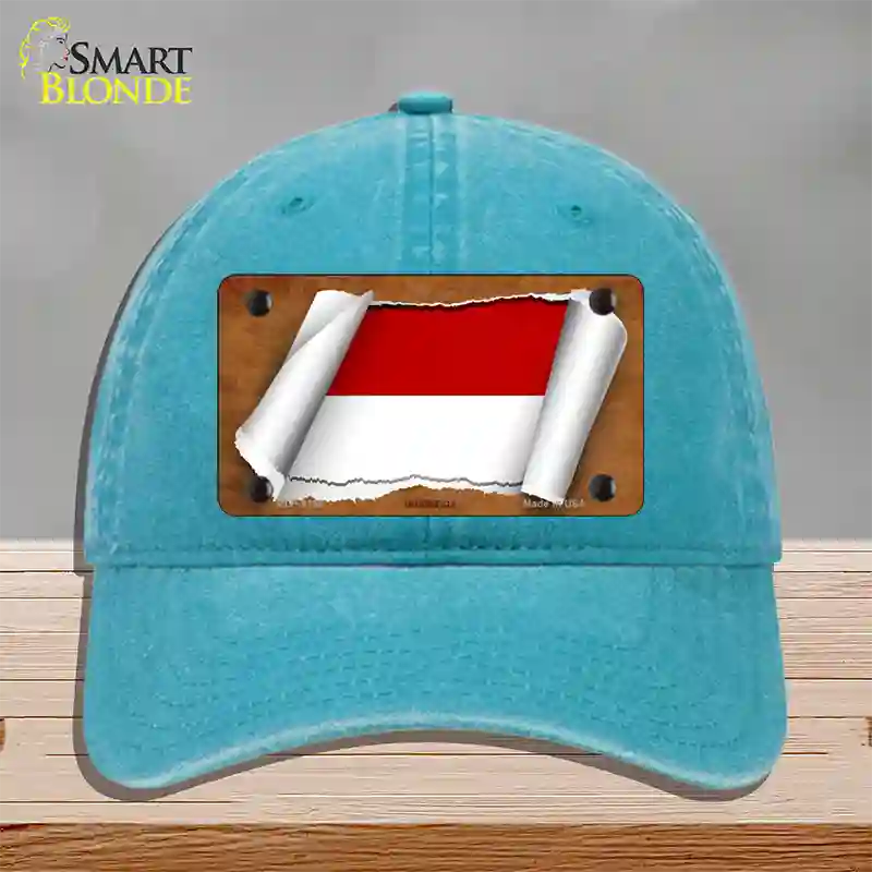 Indonesia Flag Scroll Novelty License Plate Hat Unconstructed Cotton / Lake Blue