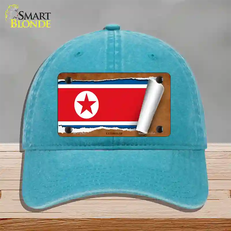 North Korea Flag Scroll Novelty License Plate Hat Unconstructed Cotton / Lake Blue