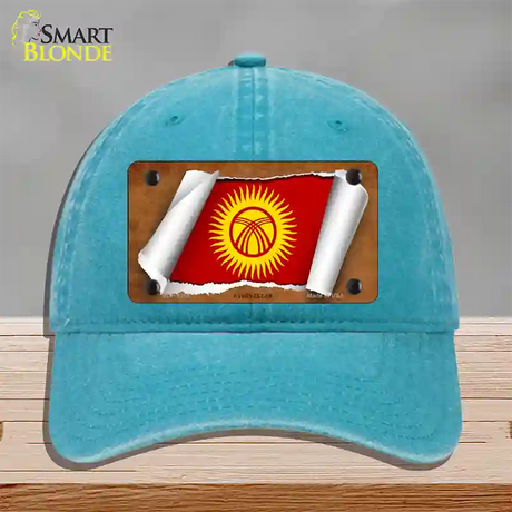 Kyrgyzstan Flag Scroll Novelty License Plate Hat Unconstructed Cotton / Lake Blue