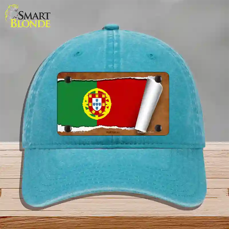 Portugal Flag Scroll Novelty License Plate Hat Unconstructed Cotton / Lake Blue